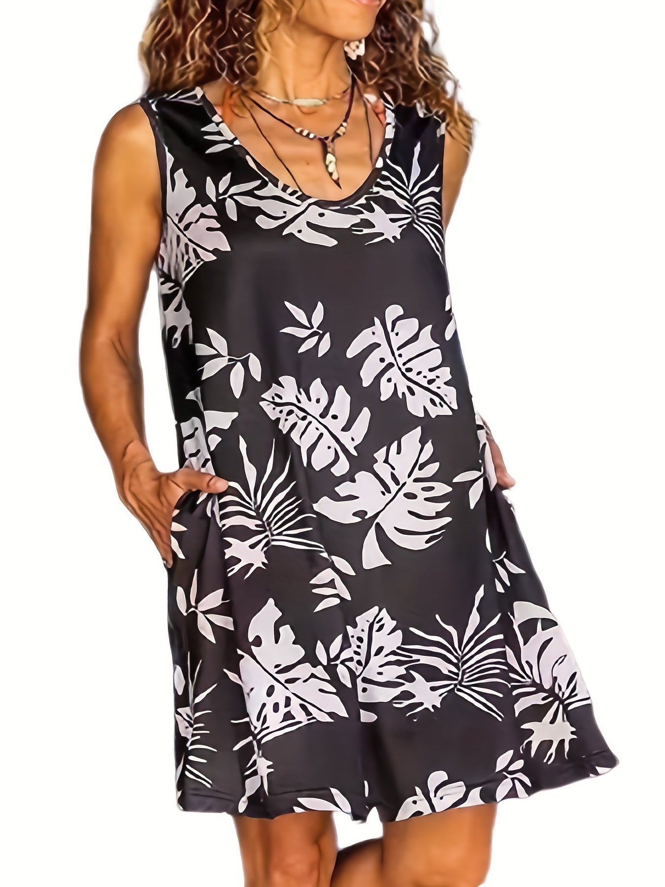  Tropical Print Tank Dress With Pockets