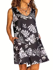  Tropical Print Tank Dress With Pockets