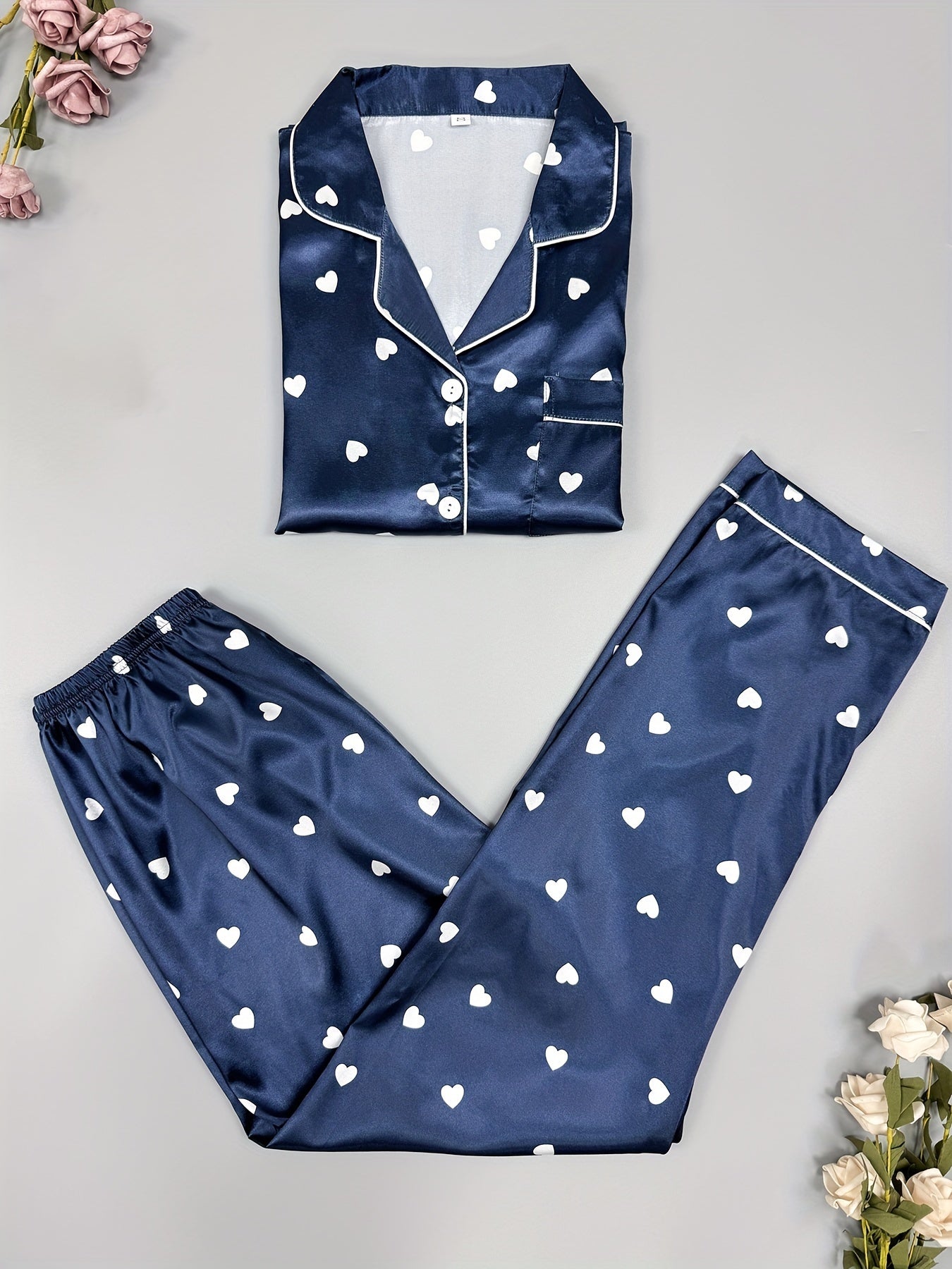 Heart Print Pajama Set Long Sleeve Buttons Top & Elastic Waistband Pants