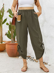  Solid Side Tie Ruched High Rise Wide Leg Pants