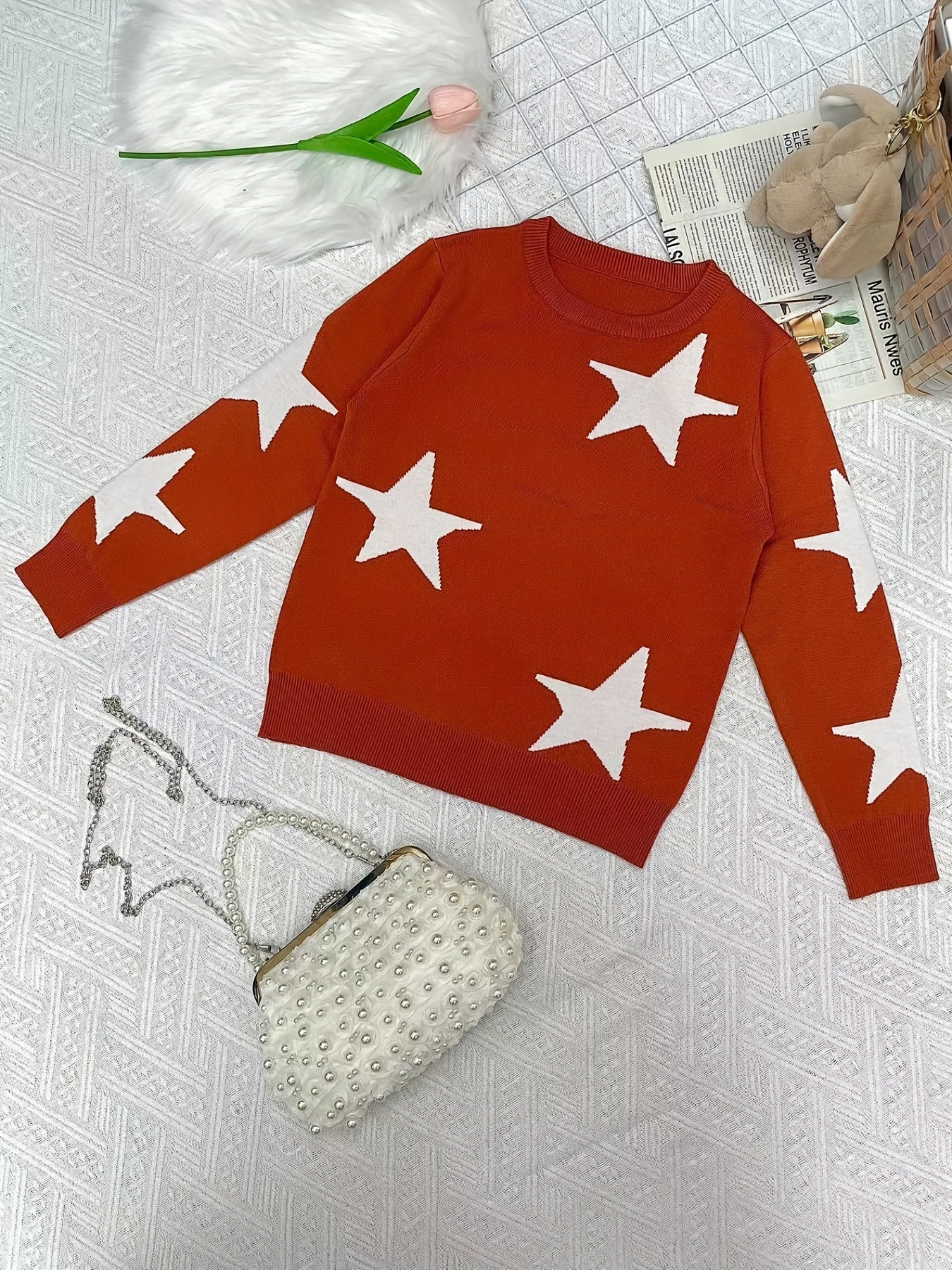Girl Star Print Sweater Knit Pullover Casual Comfortable Kids Clothes