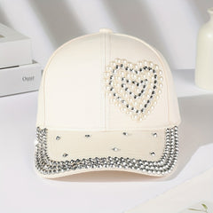 Pearl Rhinestone Baseball Cap Beige Sunshade Dad Hat For Women
