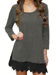  Lace Trim Long Sleeve Round Neck Dress