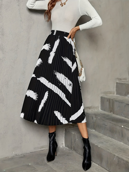 Abstract Print Pleated High Waist Skirt