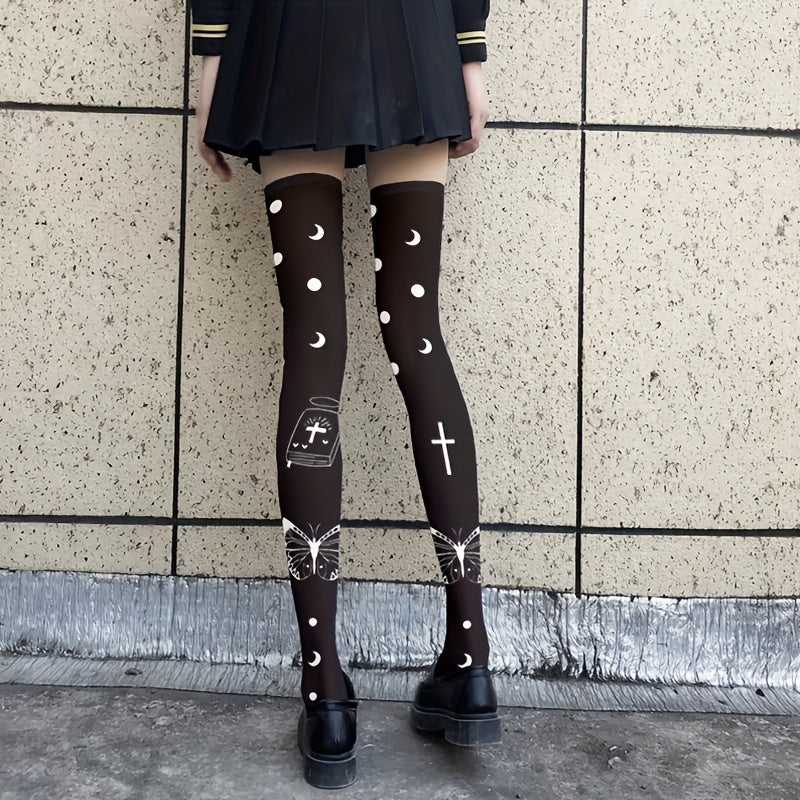 Butterfly & Spider Print Over The Knee Socks Halloween Party Stockings