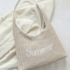 Minimalist Embroidered Shoulder Straw Bag Lightweight Storage Bag