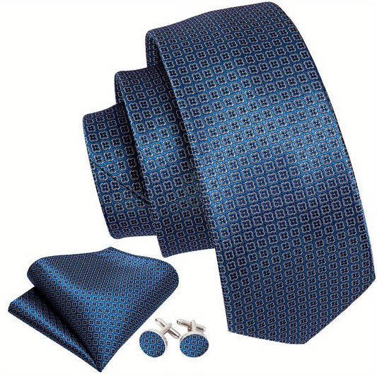 Classic Men's Ties Striped Plaid Necktie Handkerchief Cufflinks
