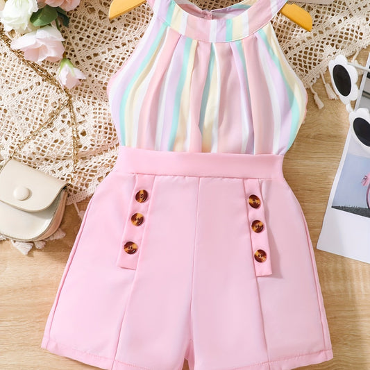 Girl's Rainbow Striped Halter Top & Button Shorts Set Beach Holiday Outfit