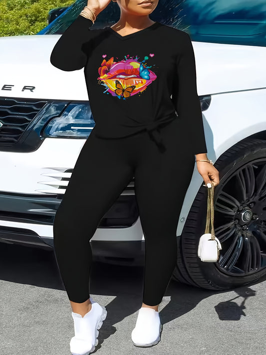  Lip & Butterfly Print Top & Leggings Set Long Sleeve V Neck