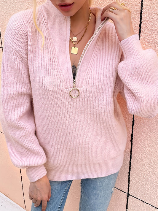 Solid Knit High Neck Zipper Sweater