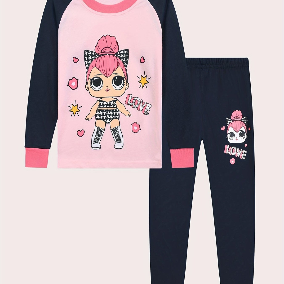 Cartoon Girl Pattern Kid's Pajamas 2pcs Top & Pants Set