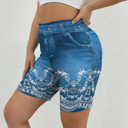 Denim Print High Waist Leggings Casual Leggings for Spring & Summer