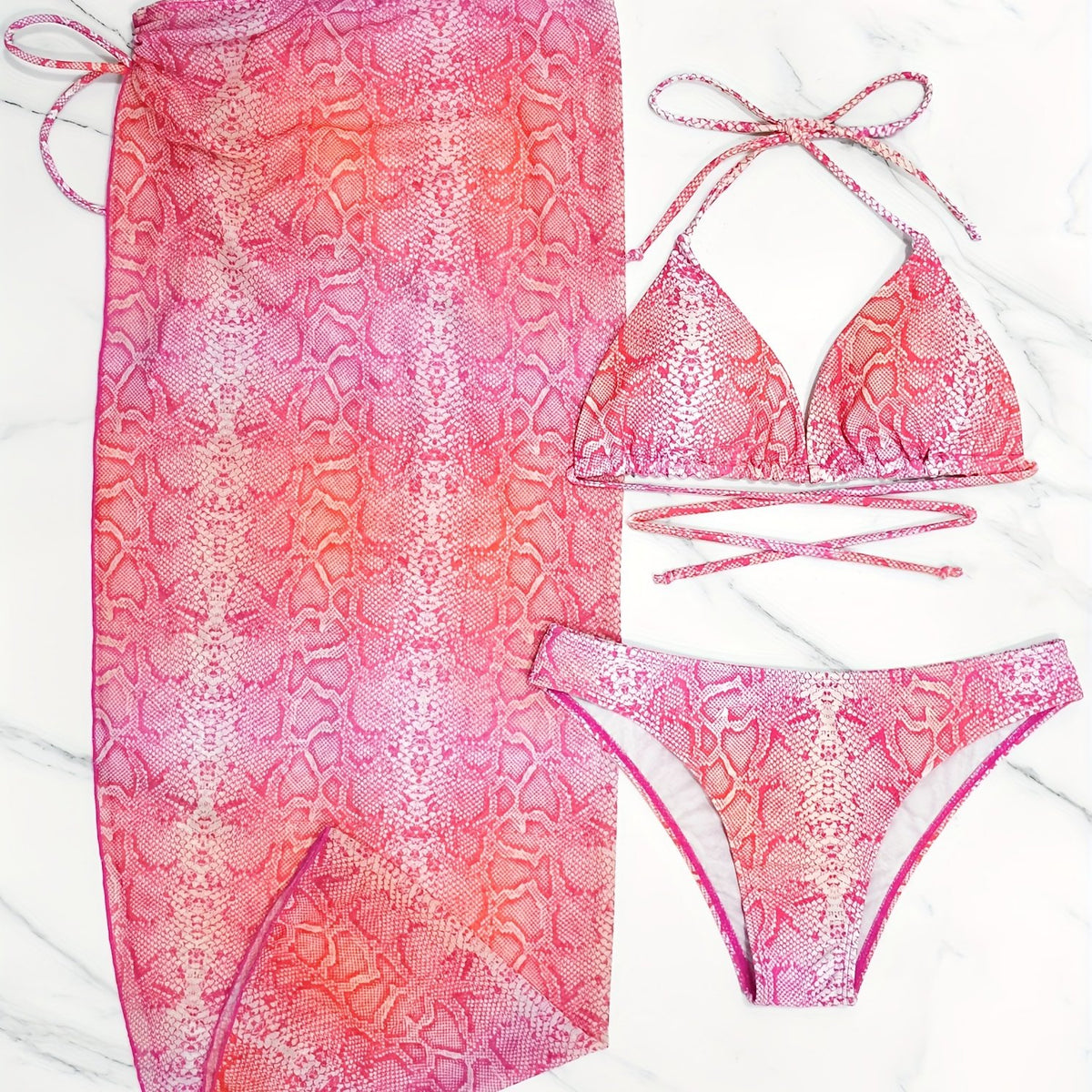 Snakeskin Print Bikini Set with Cover Up Skirt Swimsuit
