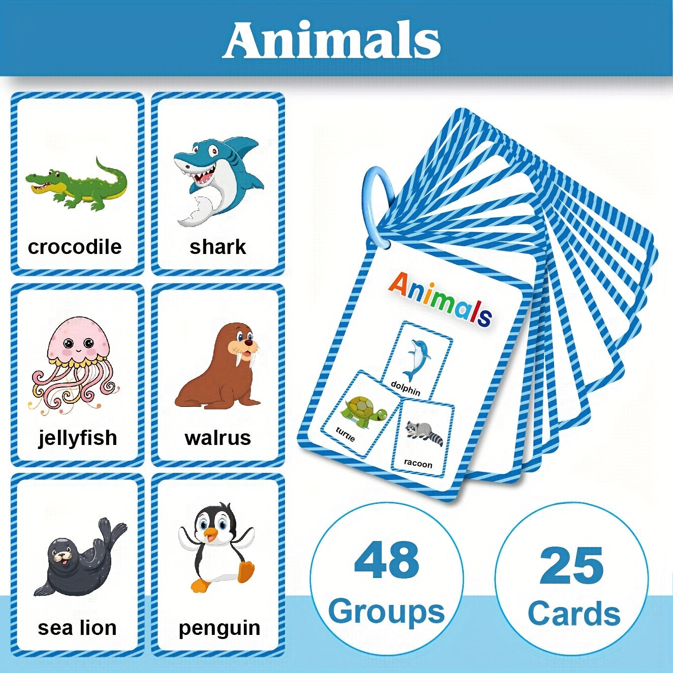 Animal Themed Learning Flashcards for Beginning Reading - 25 Cards