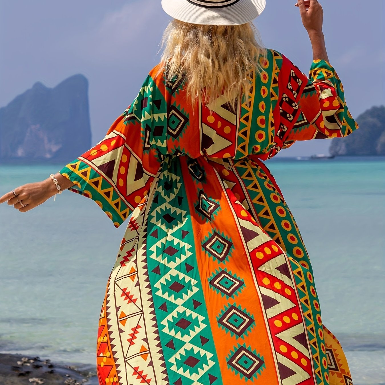  Tribal Print Half Sleeve V Neck Cover Up Robe