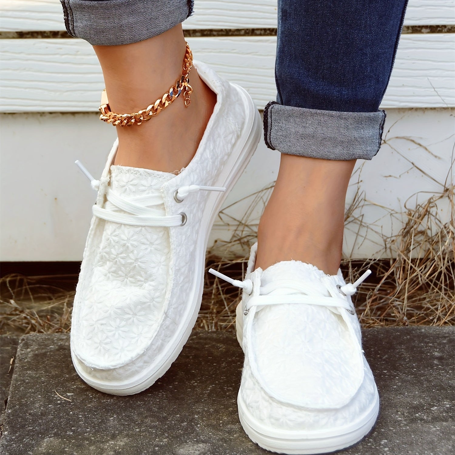 Snow Flake Pattern Boat Shoes Slip on Walking Shoes Canvas Sneake