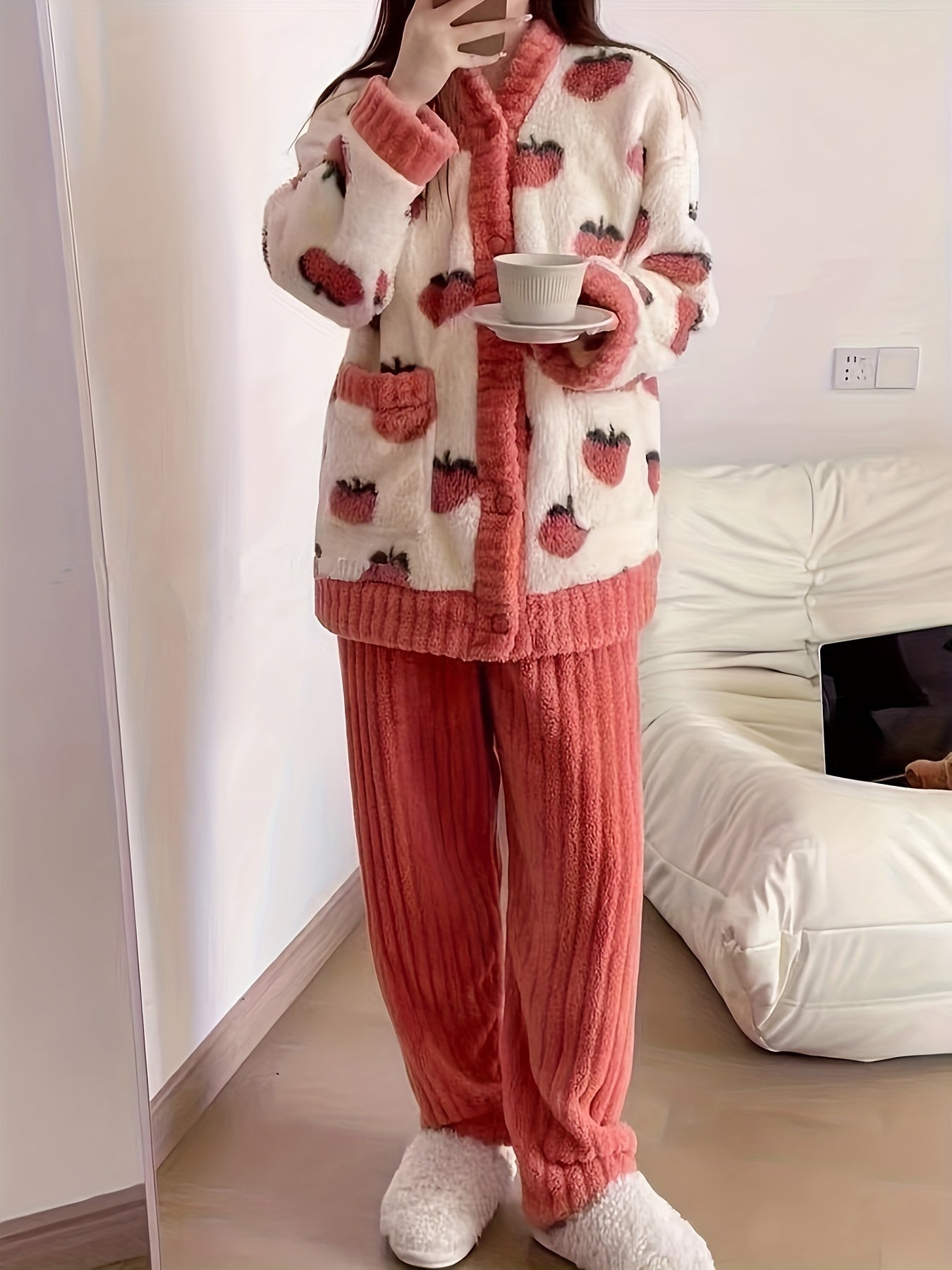 Fruit Print Pajama Set Long Sleeve V Neck Buttons Top Elastic Waistband