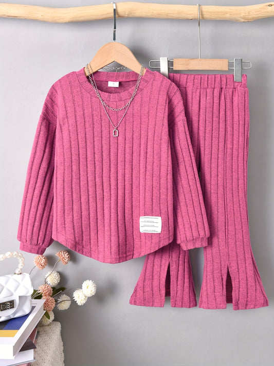 Girl's Ribbed Long Sleeve Top & Flared Pants Set Casual Outfits Spring Fall