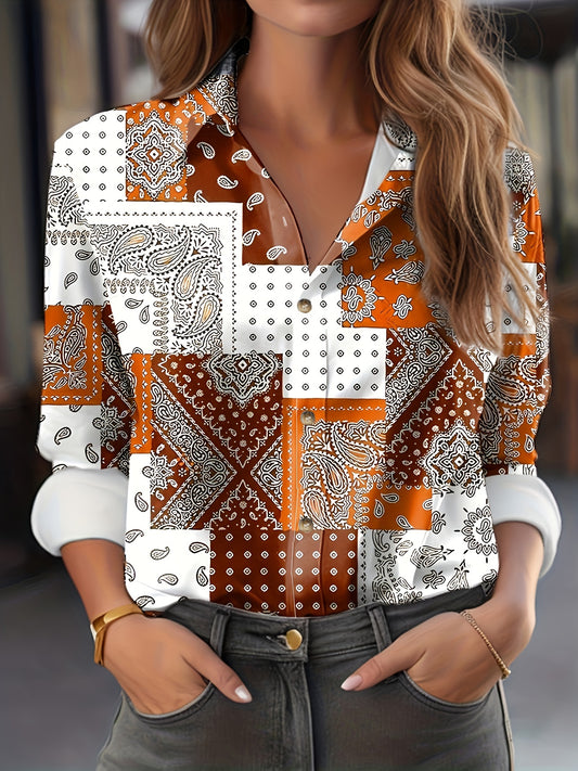 Women's Plus Size Scarf Print Button Up Boho Blouse