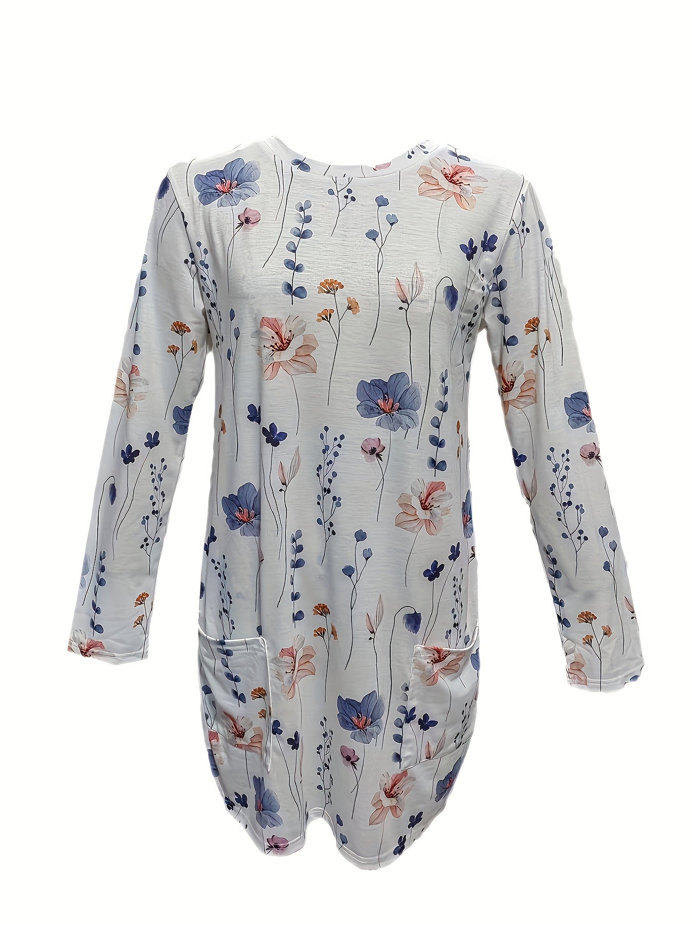  Floral Print Long Sleeve Mini Dress With Pockets