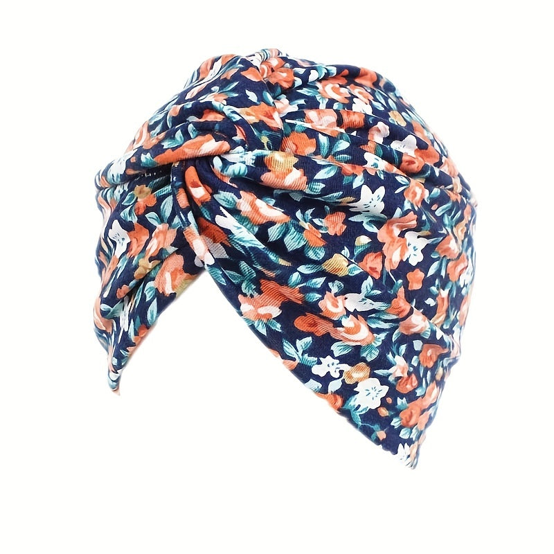 Boho Floral Print Turban Cap Elastic Beanie Knotted Pleated Head Wrap