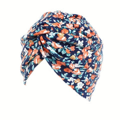 Boho Floral Print Turban Cap Elastic Beanie Knotted Pleated Head Wrap