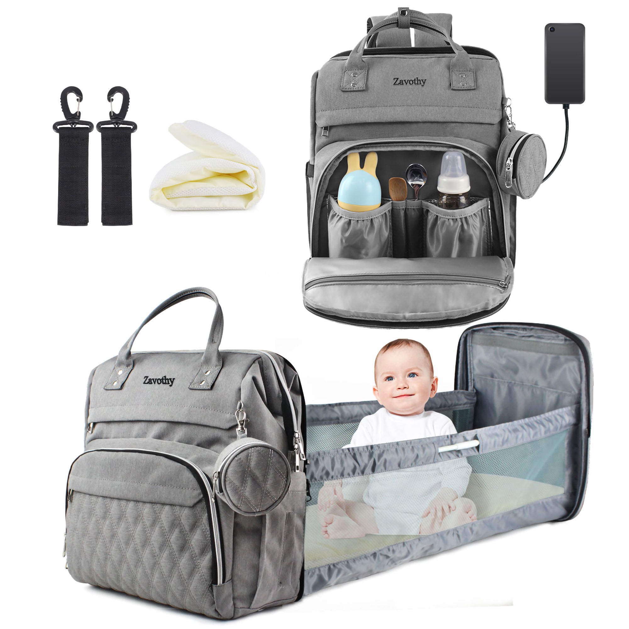 Multifunctional Backpack with Foldable Crib & USB Port