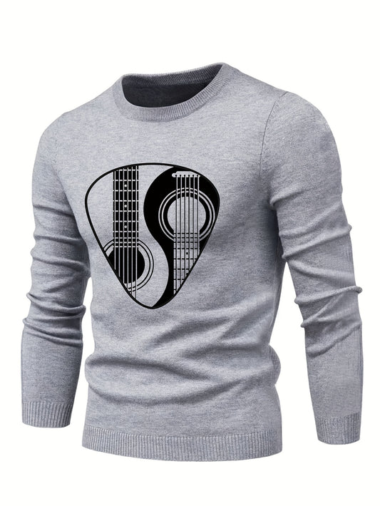 Men's Instrument Print Knitted Sweater Active Mid Stretch Slim Fit Warm Pullover