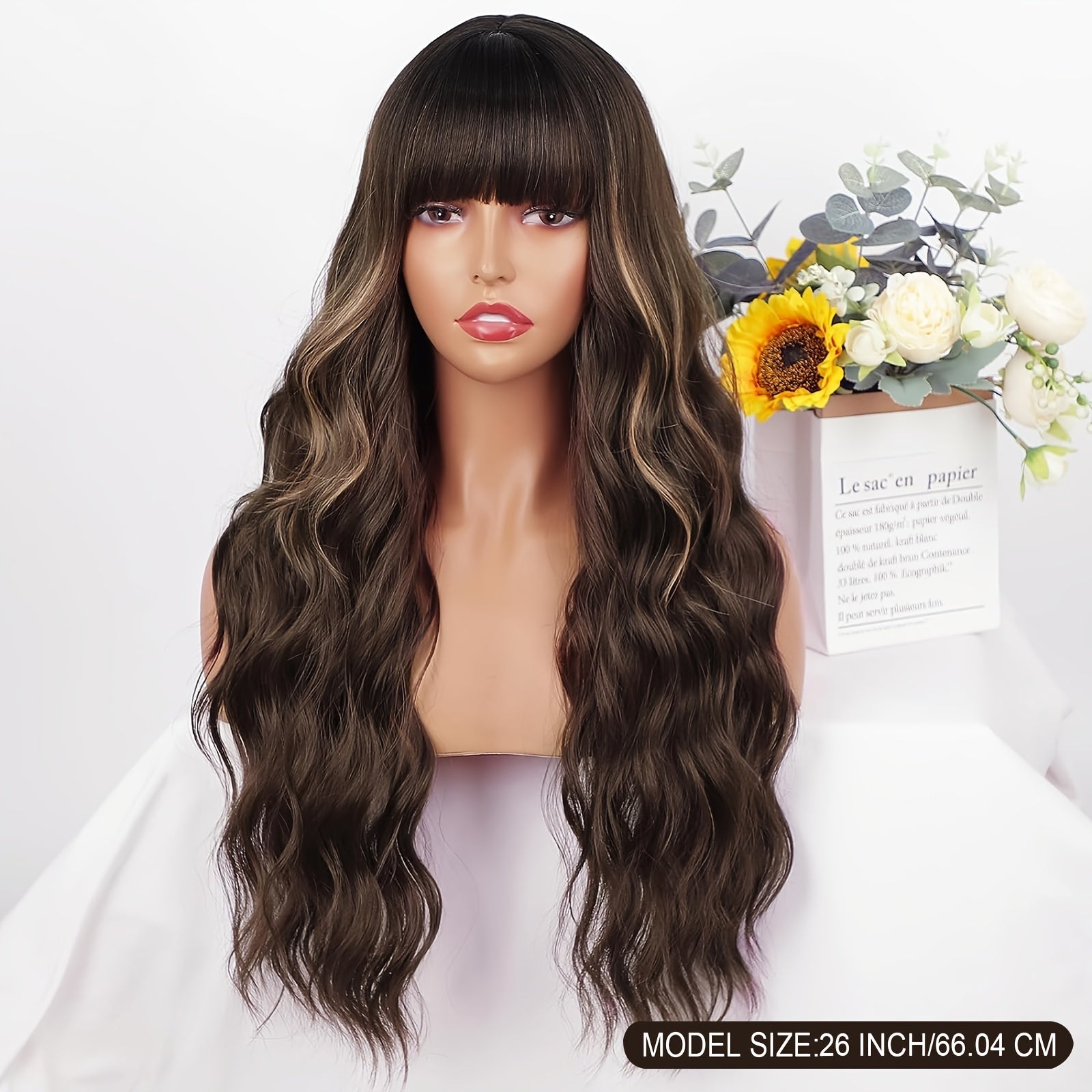Brown Highlight Wig With Bangs Long Wavy Hair Wig Curly Synthetic Wigs