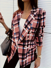  Plaid Print Long Sleeve Lapel Double Button Blazer