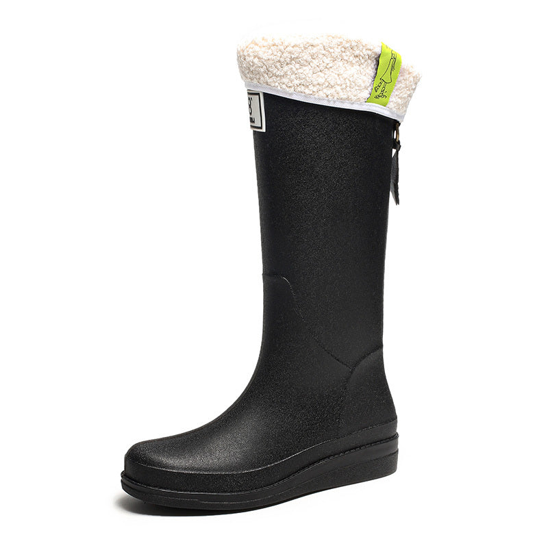 Women's Platform Fleece Liner Rain Boots Slip on Round Toe Waterproof High Boots