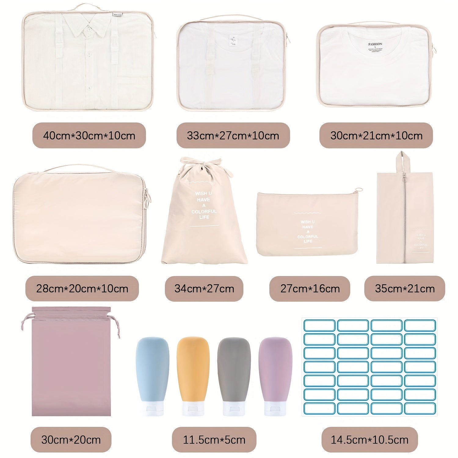 12pc Solid Zipper Packing Cubes Travel Organiser Bags Set