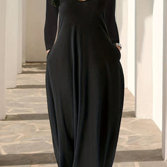Plus Solid Long Sleeve Round Neck Maxi Dress With Pockets