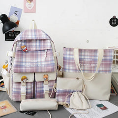 5Pcs Lattice Canvas Women Backpack School Bags for Teenage Girl