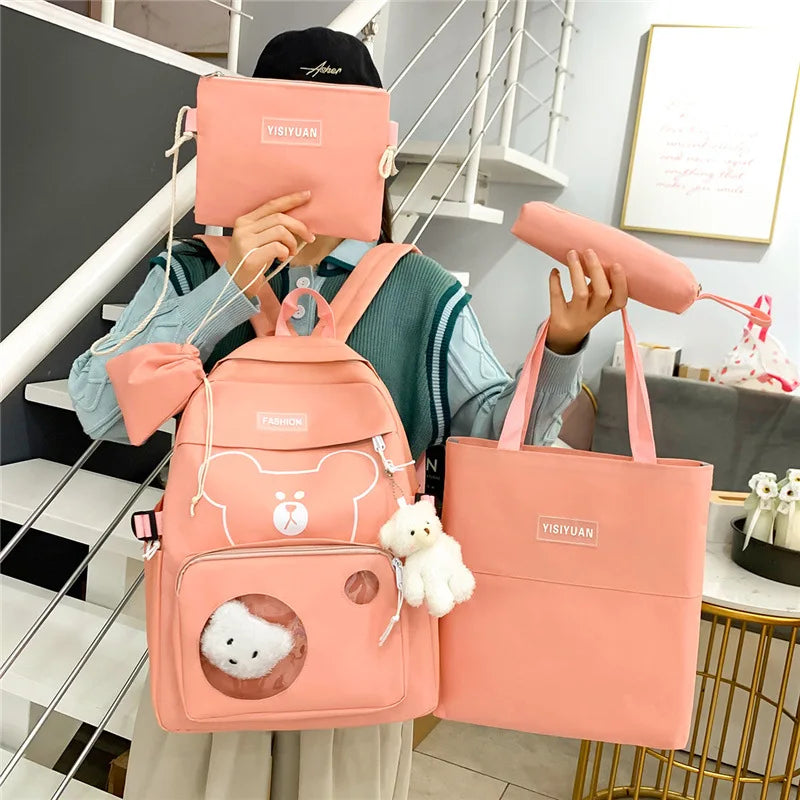 5Pcs Kids Schoolbags Canvas Travel Backpacks with Handbag Shoulder Bags