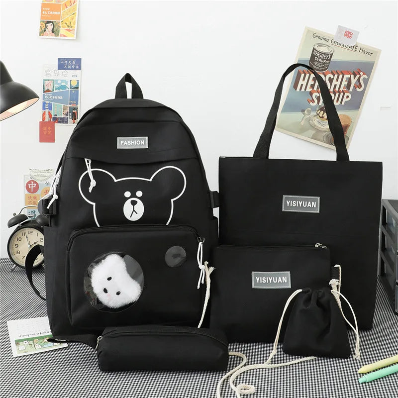 5Pcs Kids Schoolbags Canvas Travel Backpacks with Handbag Shoulder Bags