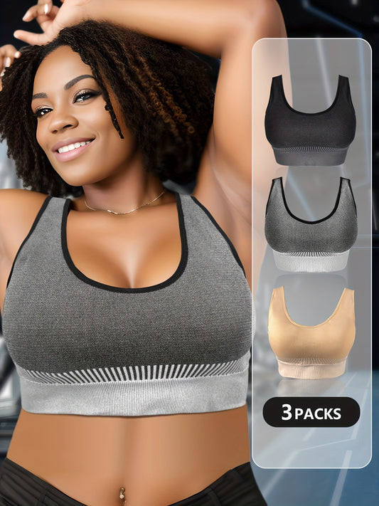 3 Pack Plus Size Sports Bra Set Women's Plus Striped Shockproof Skinny