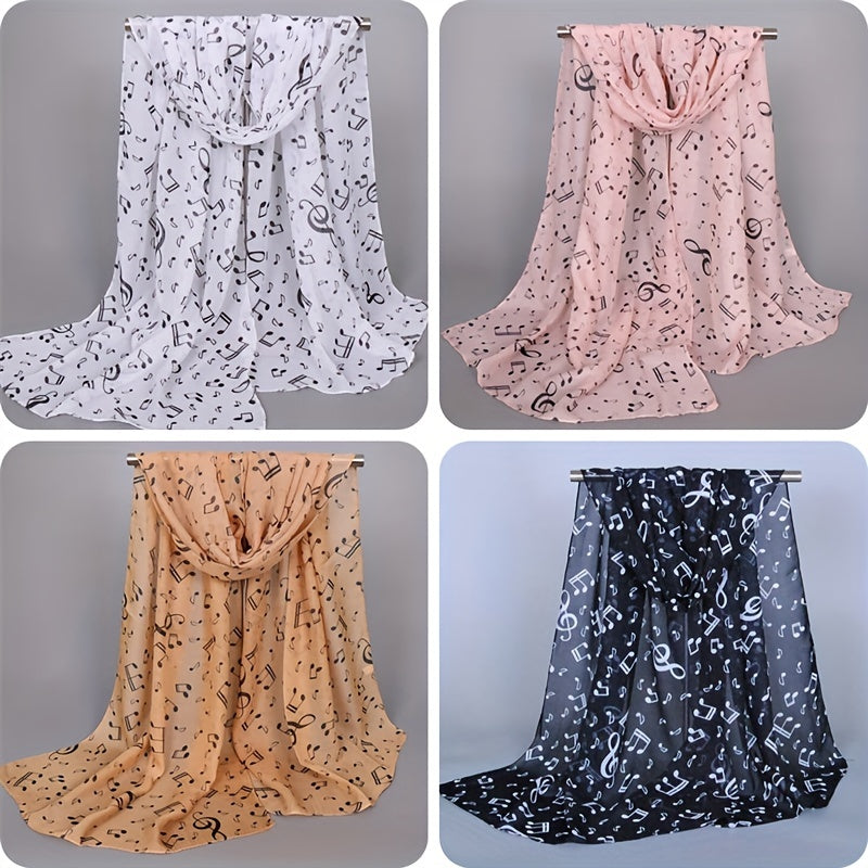 Music Note Print Chiffon Scarf for Women