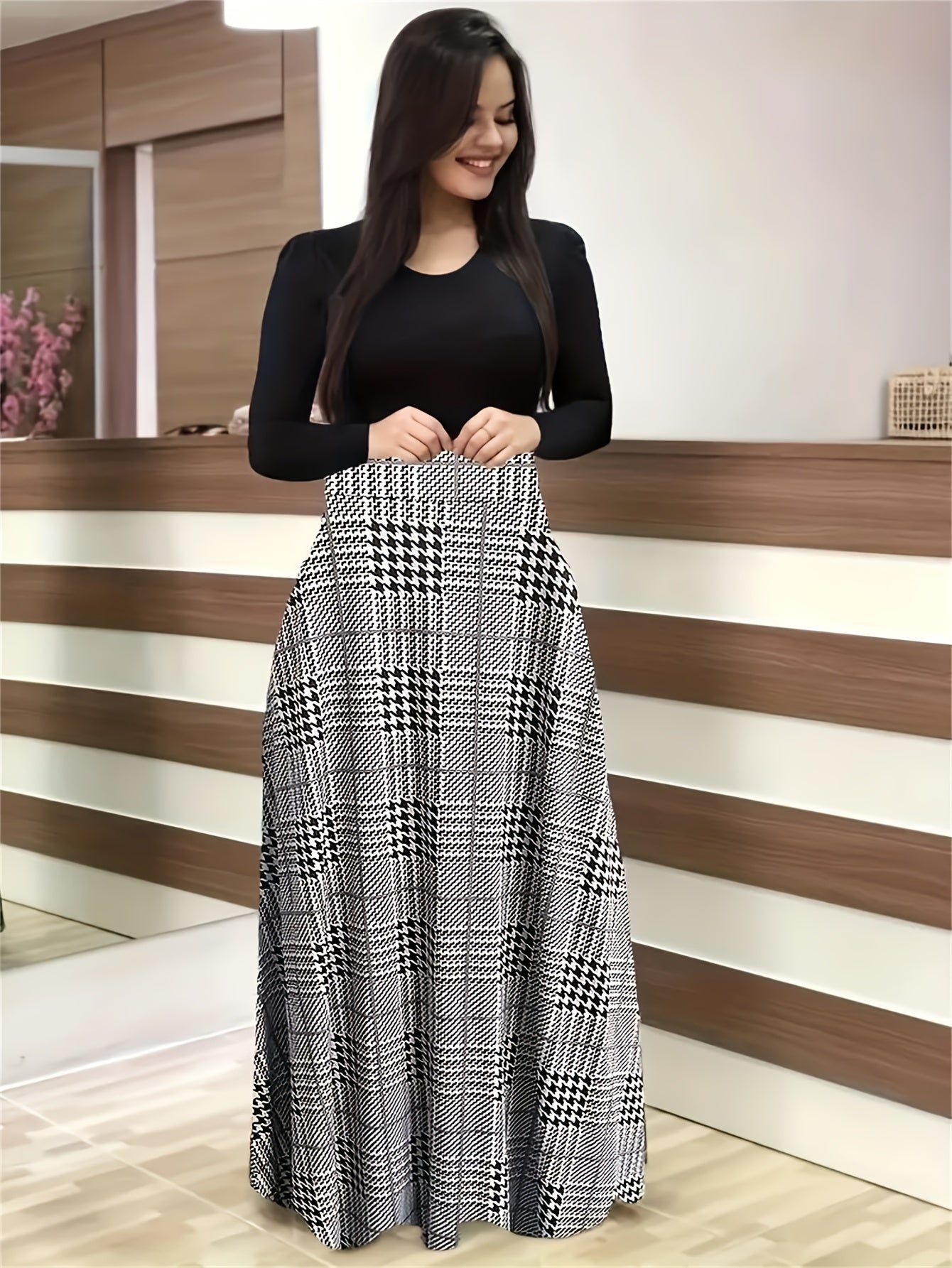  Colorblock Long Sleeve Maxi Dress
