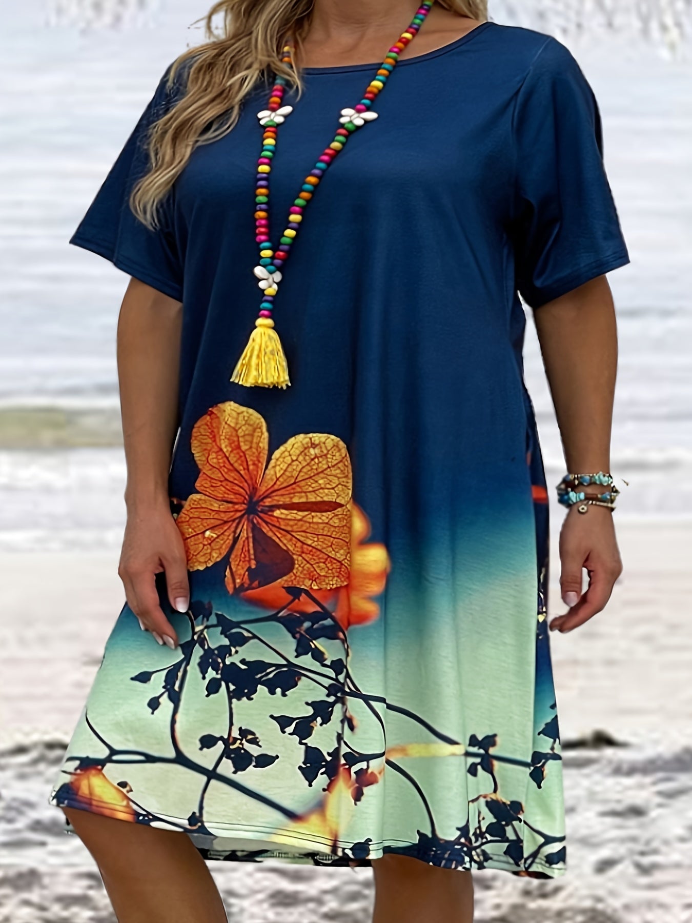  Floral Print Short Sleeve Tee Dress With Pockets