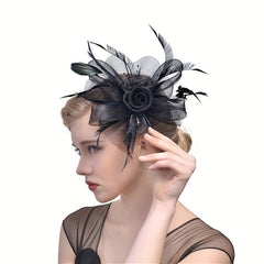 Mesh Flower Faux Feather Head Piece Hat for Party
