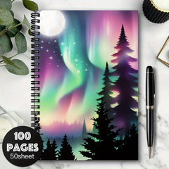 Aurora Borealis Spiral Notebook - 100 Pages - Northern Lights & Pine Trees
