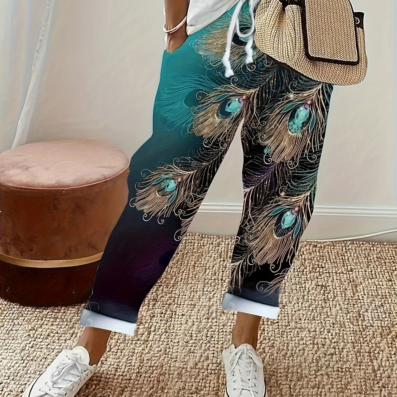  Peacock Print Drawstring Straight Leg Trousers