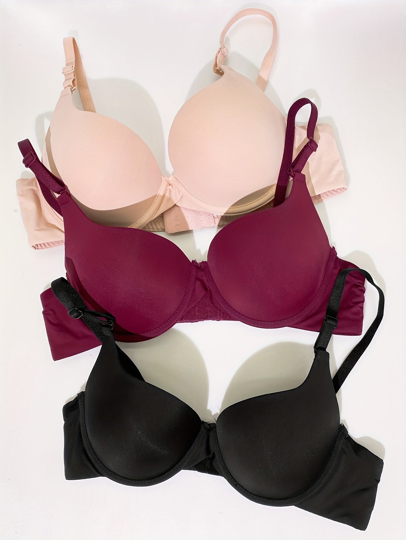 3pcs Glossy Push Up Bra Comfy & Breathable T Shirt Bra Women's Lingerie