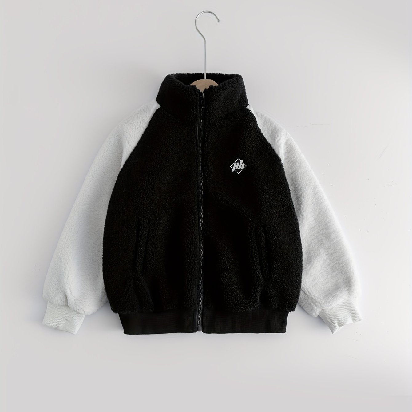 Boys Fuzzy Fleece Jacket Letter Patchwork Stand Collar Kids Warm Zipper Coat