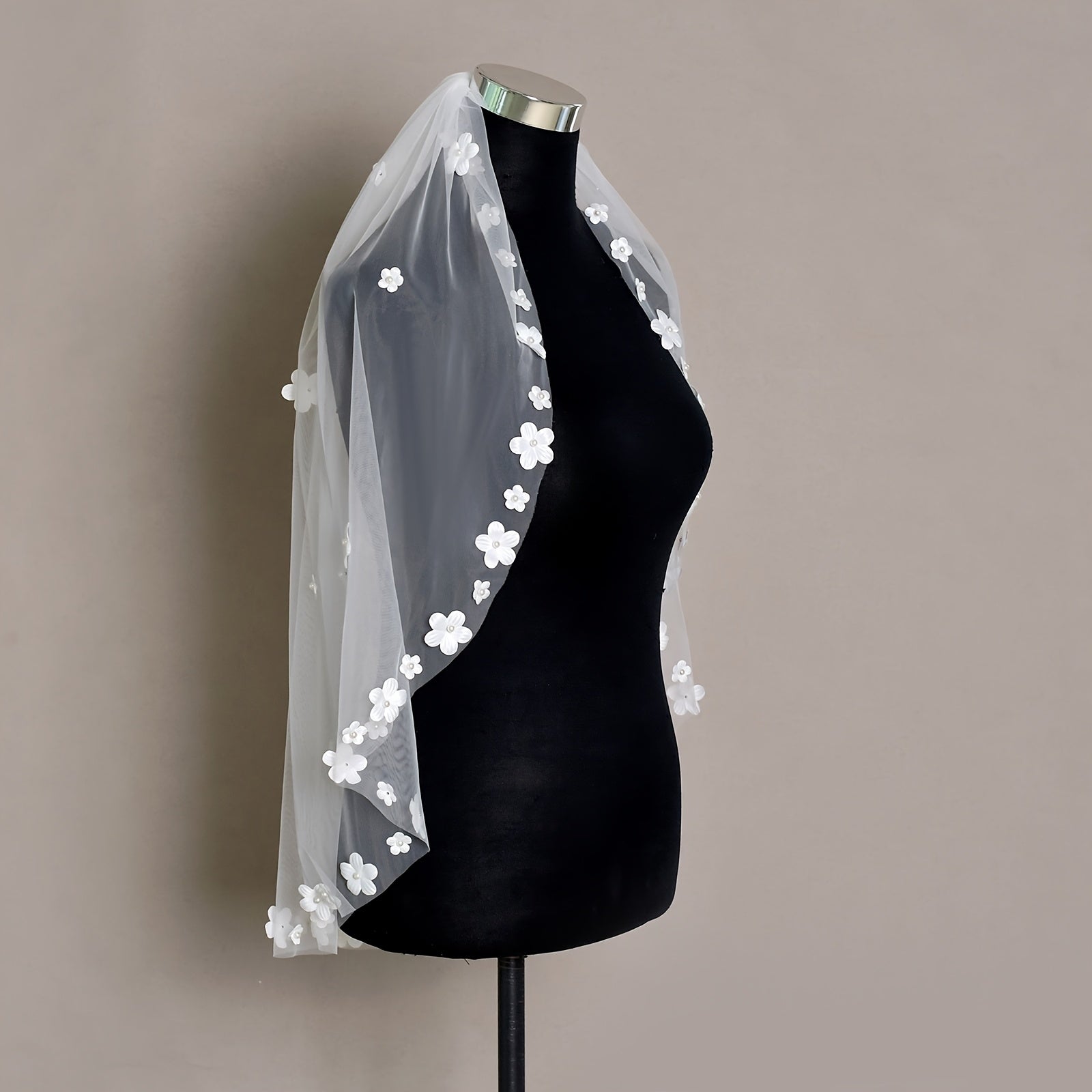 Sheer Bridal Veil Headpiece with Floral Embellishments