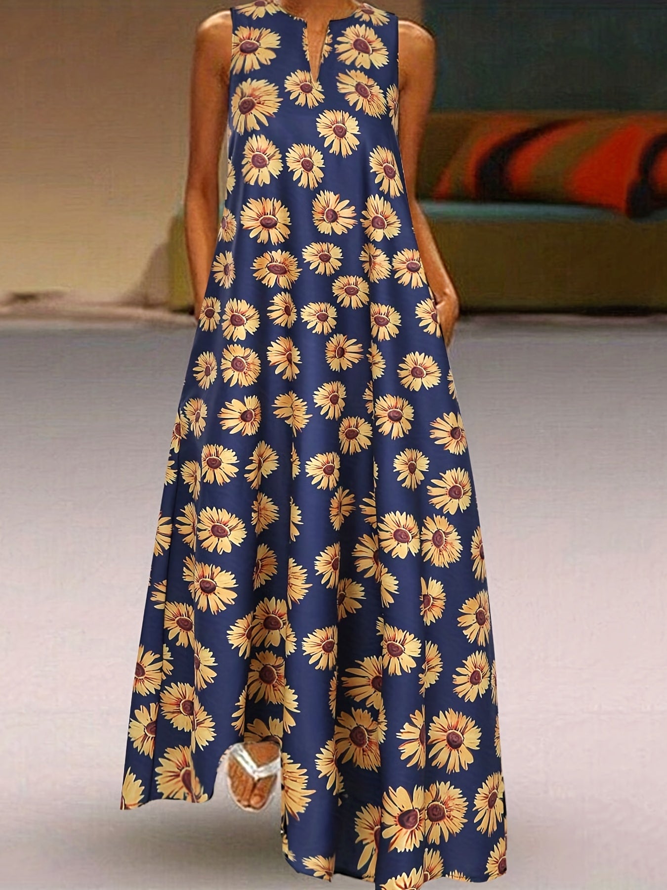 Floral Print Notched Neck Maxi Dress - Plus Size