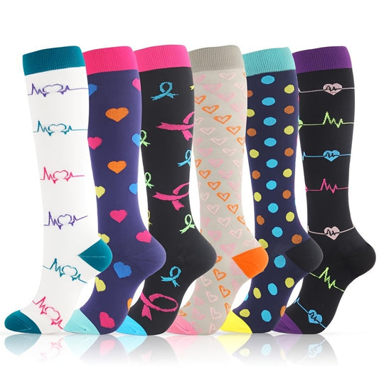 6 Pairs Colorful Knee High Compression Sports Socks for Running and Cycling