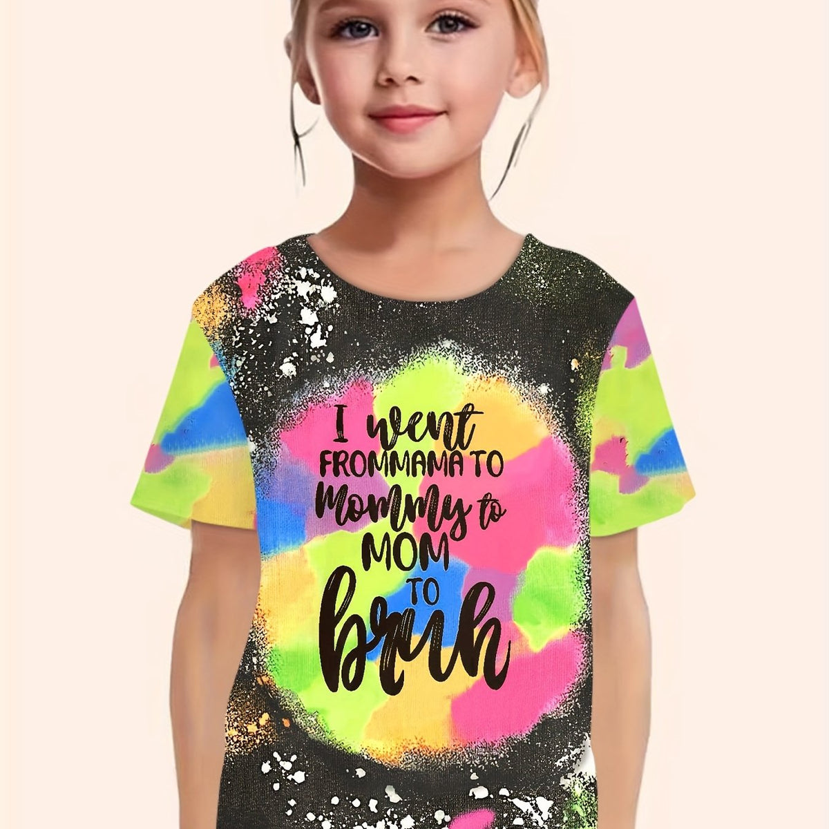 Girls Tie Dye Pattern Letter Print Short Sleeve T shirt
