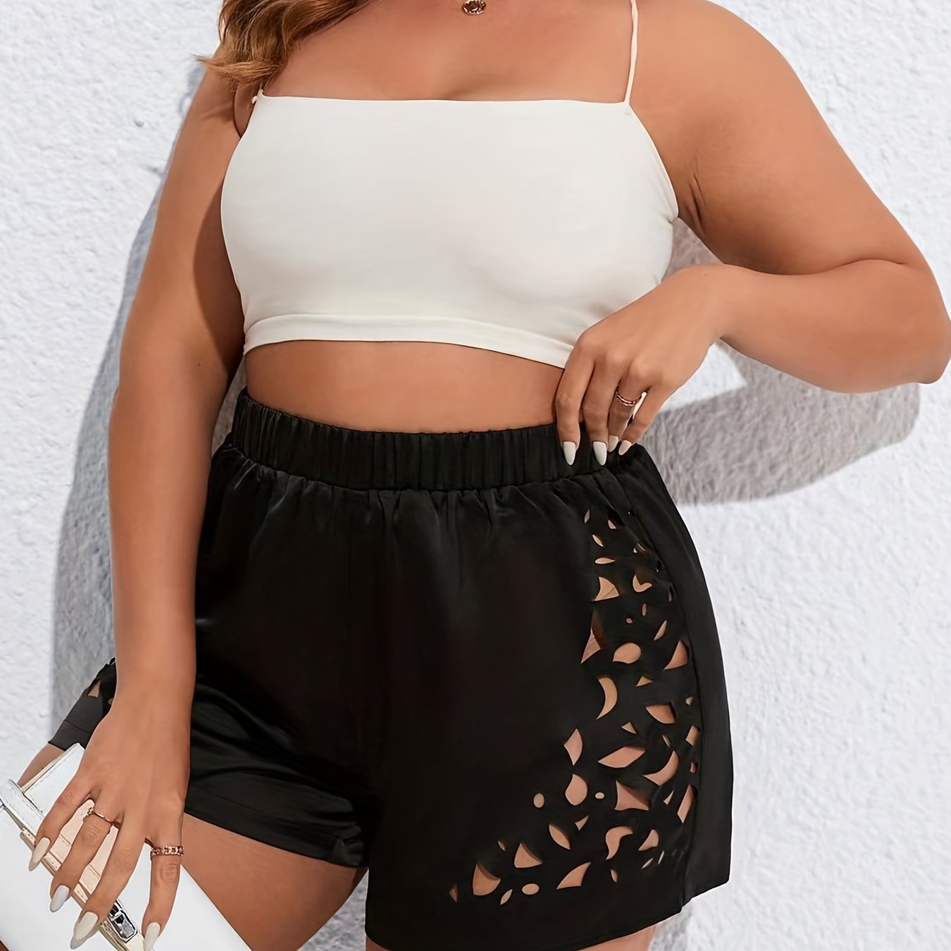  Casual Shorts Women's Plus Solid Hollow Out Elastic High Rise Shorts